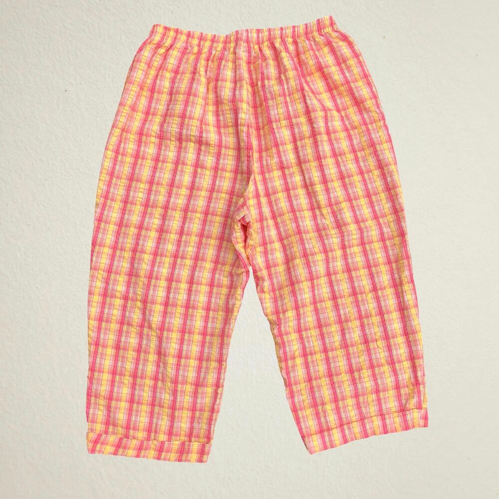 Vintage Appleseed's pink and yellow plaid seersucker pants, preppy academia